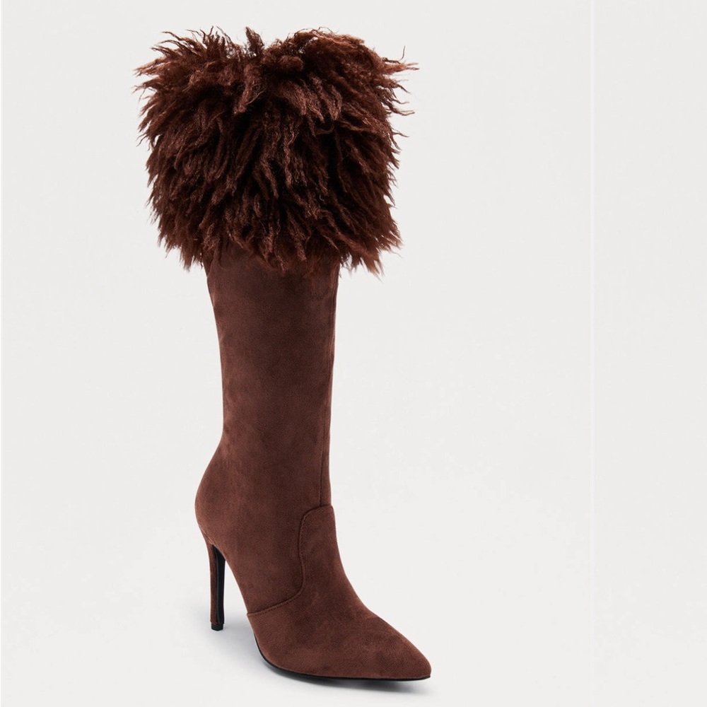 Faux Fur Trim Brown Suede Knee Boots